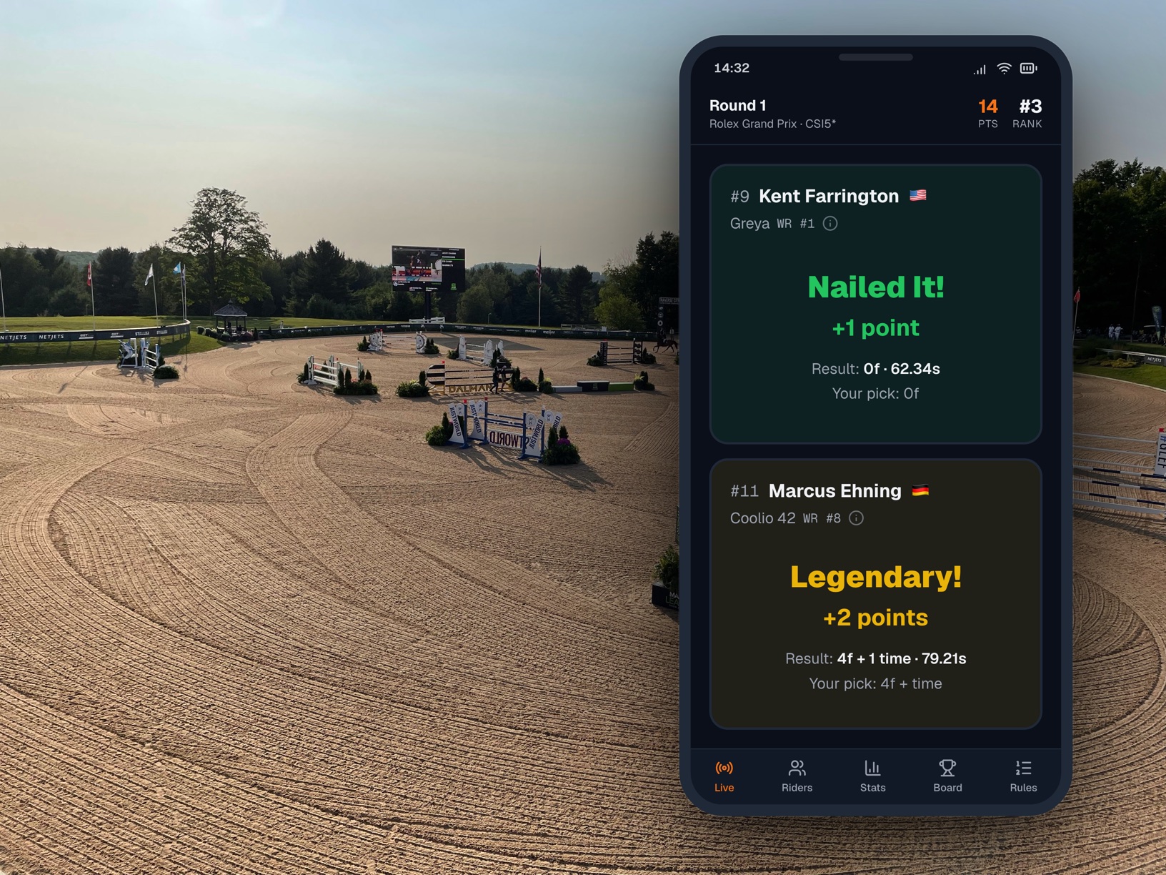 The JumpOff game open on a phone at a live showjumping Grand Prix, scoring a Nailed It and a Legendary prediction